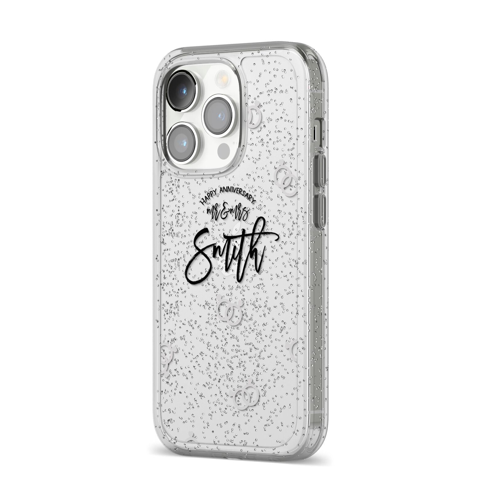 Personalised Anniversary Monochrome iPhone 14 Pro Glitter Tough Case Silver Angled Image