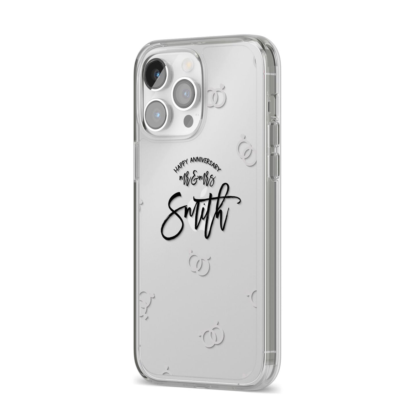 Personalised Anniversary Monochrome iPhone 14 Pro Max Clear Tough Case Silver Angled Image