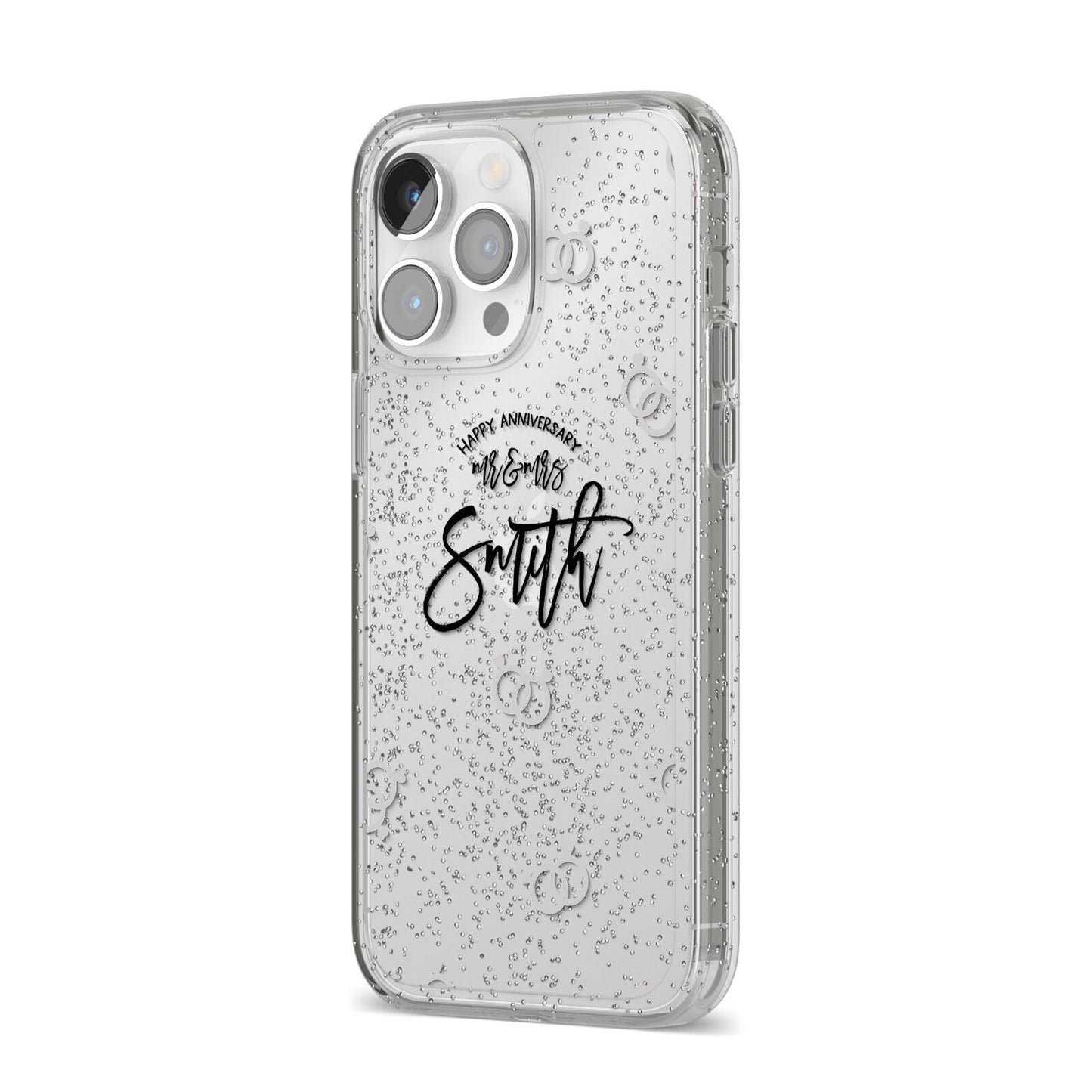 Personalised Anniversary Monochrome iPhone 14 Pro Max Glitter Tough Case Silver Angled Image