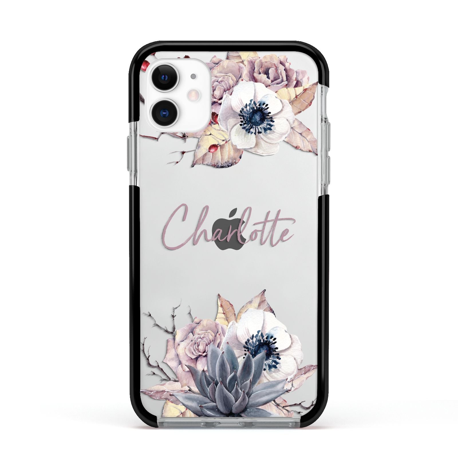 Personalised Autumn Floral Apple iPhone 11 in White with Black Impact Case