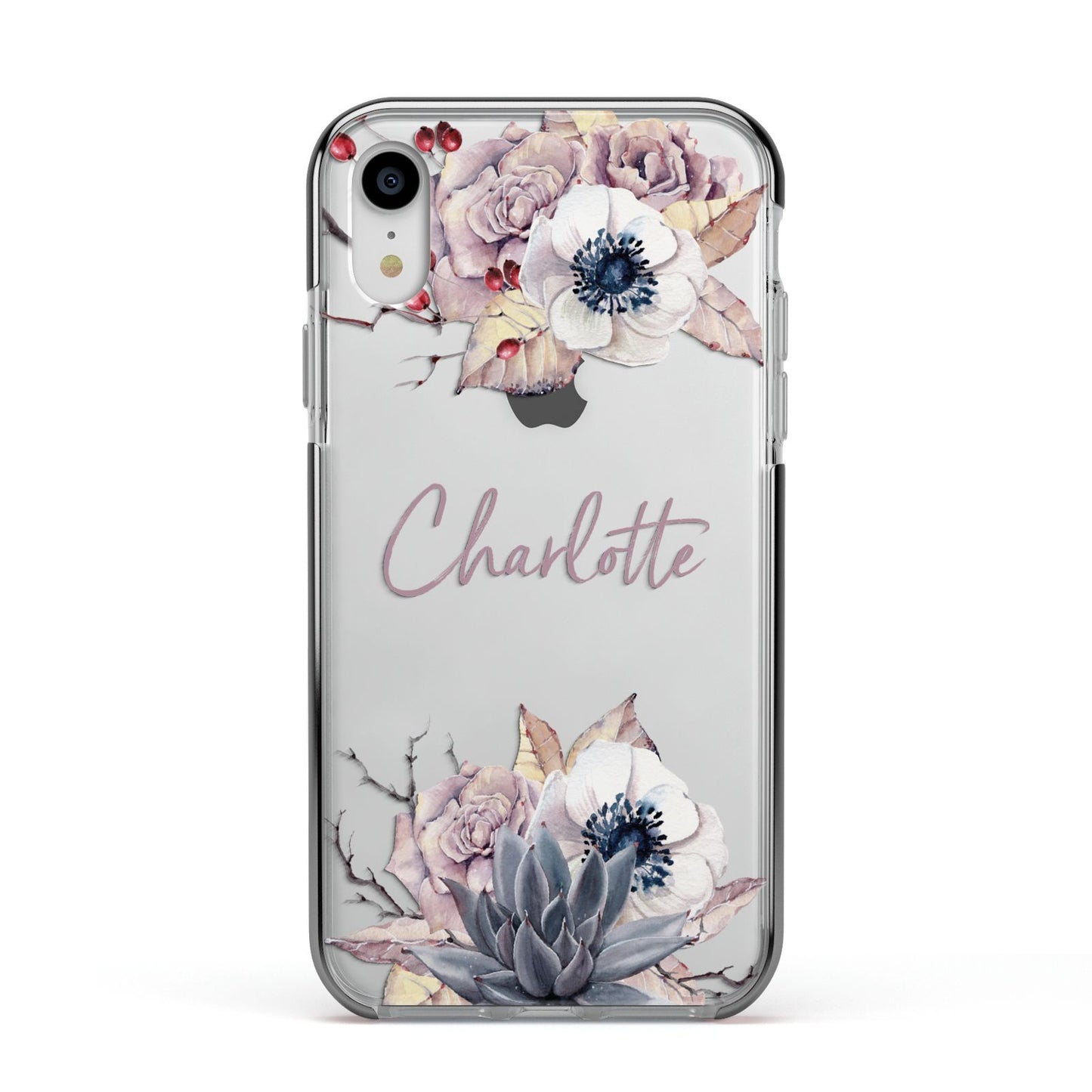 Personalised Autumn Floral Apple iPhone XR Impact Case Black Edge on Silver Phone