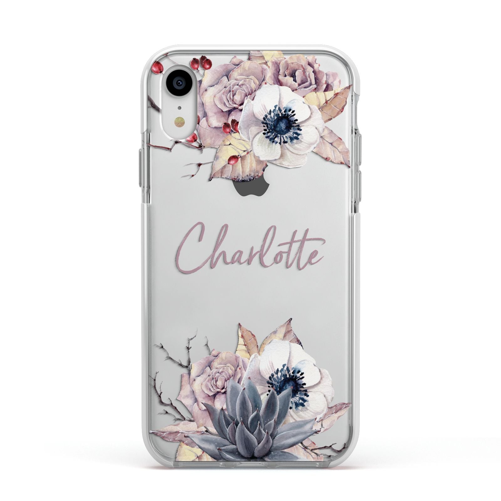 Personalised Autumn Floral Apple iPhone XR Impact Case White Edge on Silver Phone