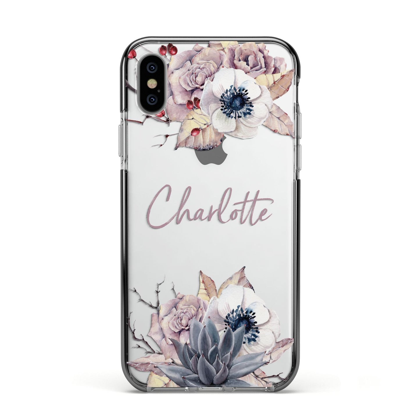 Personalised Autumn Floral Apple iPhone Xs Impact Case Black Edge on Silver Phone