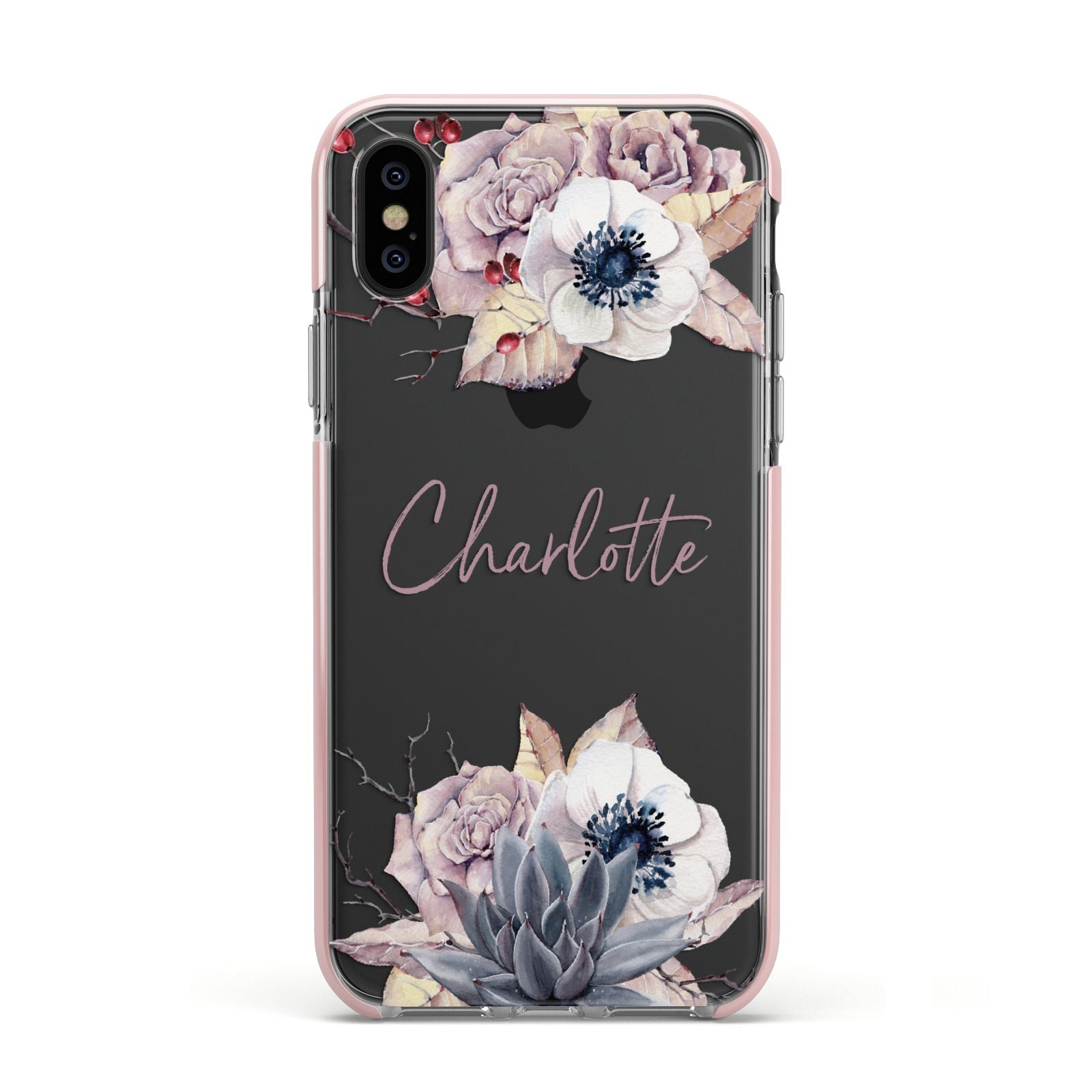 Personalised Autumn Floral Apple iPhone Xs Impact Case Pink Edge on Black Phone