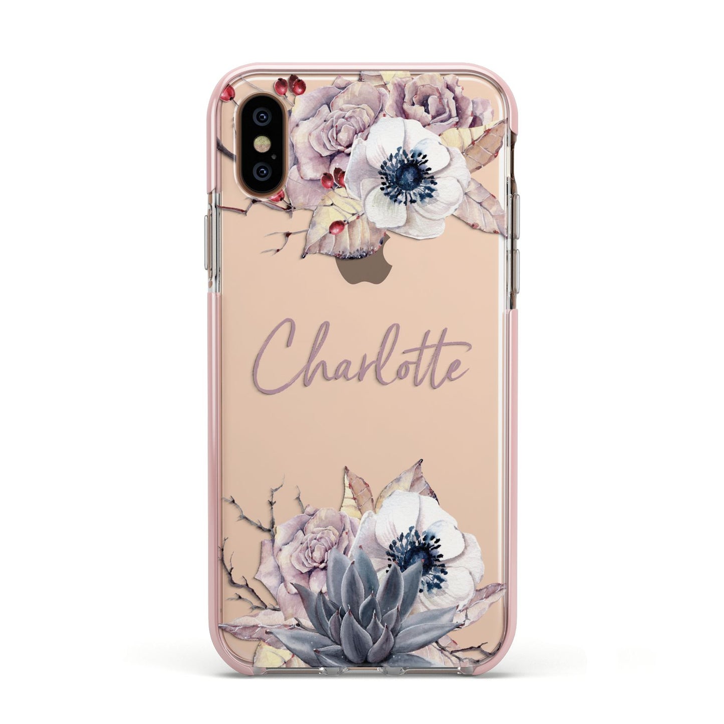 Personalised Autumn Floral Apple iPhone Xs Impact Case Pink Edge on Gold Phone