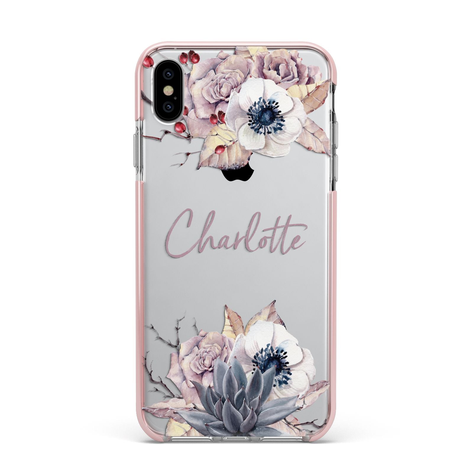 Personalised Autumn Floral Apple iPhone Xs Max Impact Case Pink Edge on Silver Phone