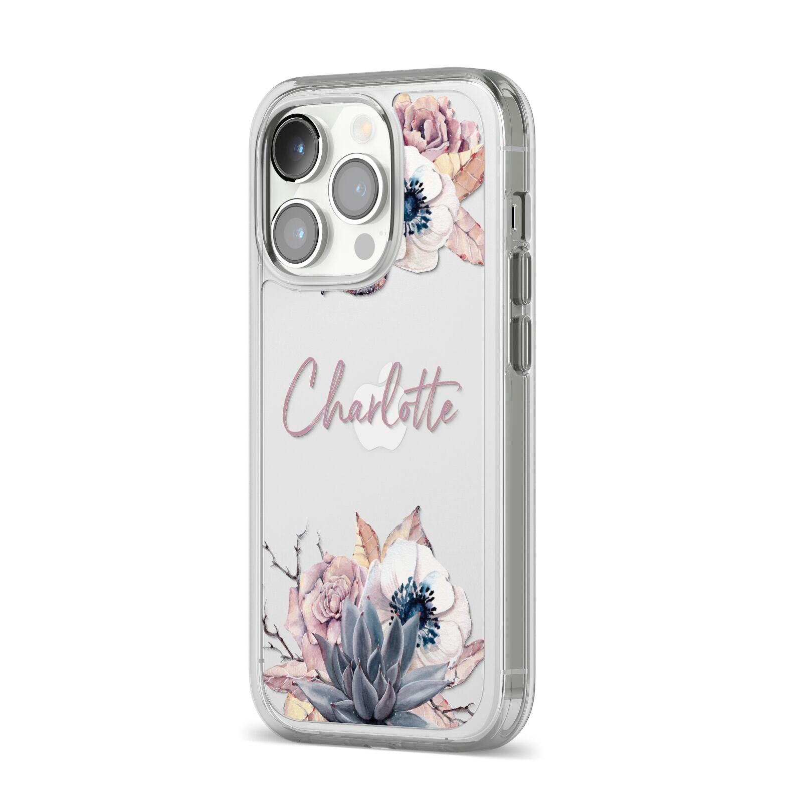 Personalised Autumn Floral iPhone 14 Pro Clear Tough Case Silver Angled Image