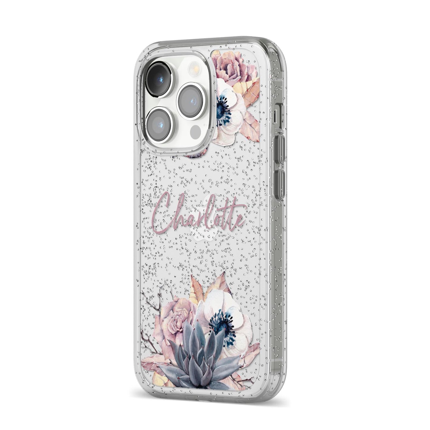 Personalised Autumn Floral iPhone 14 Pro Glitter Tough Case Silver Angled Image