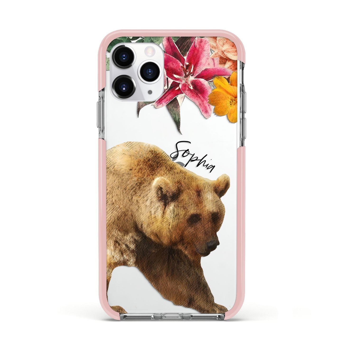 Personalised Bear Apple iPhone 11 Pro in Silver with Pink Impact Case