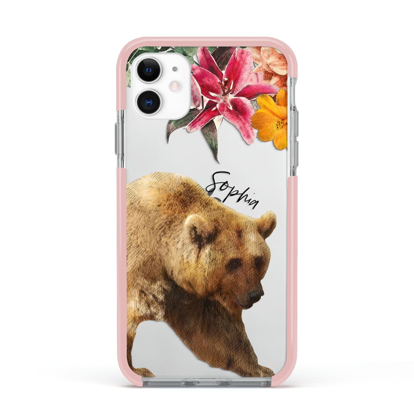 Personalised Bear Apple iPhone 11 in White with Pink Impact Case