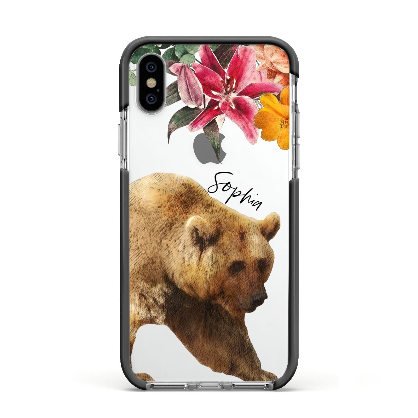 Personalised Bear Apple iPhone Xs Impact Case Black Edge on Silver Phone
