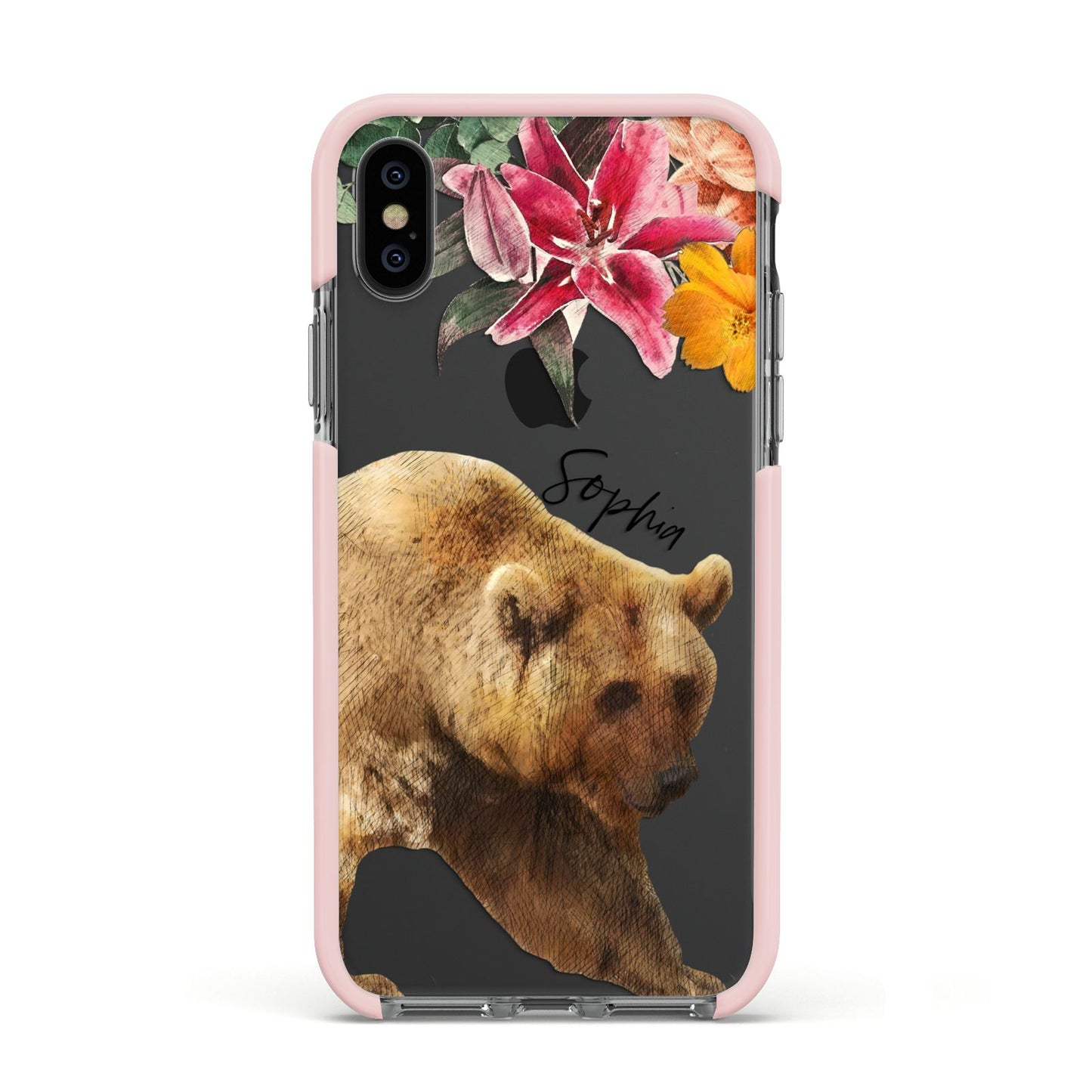 Personalised Bear Apple iPhone Xs Impact Case Pink Edge on Black Phone