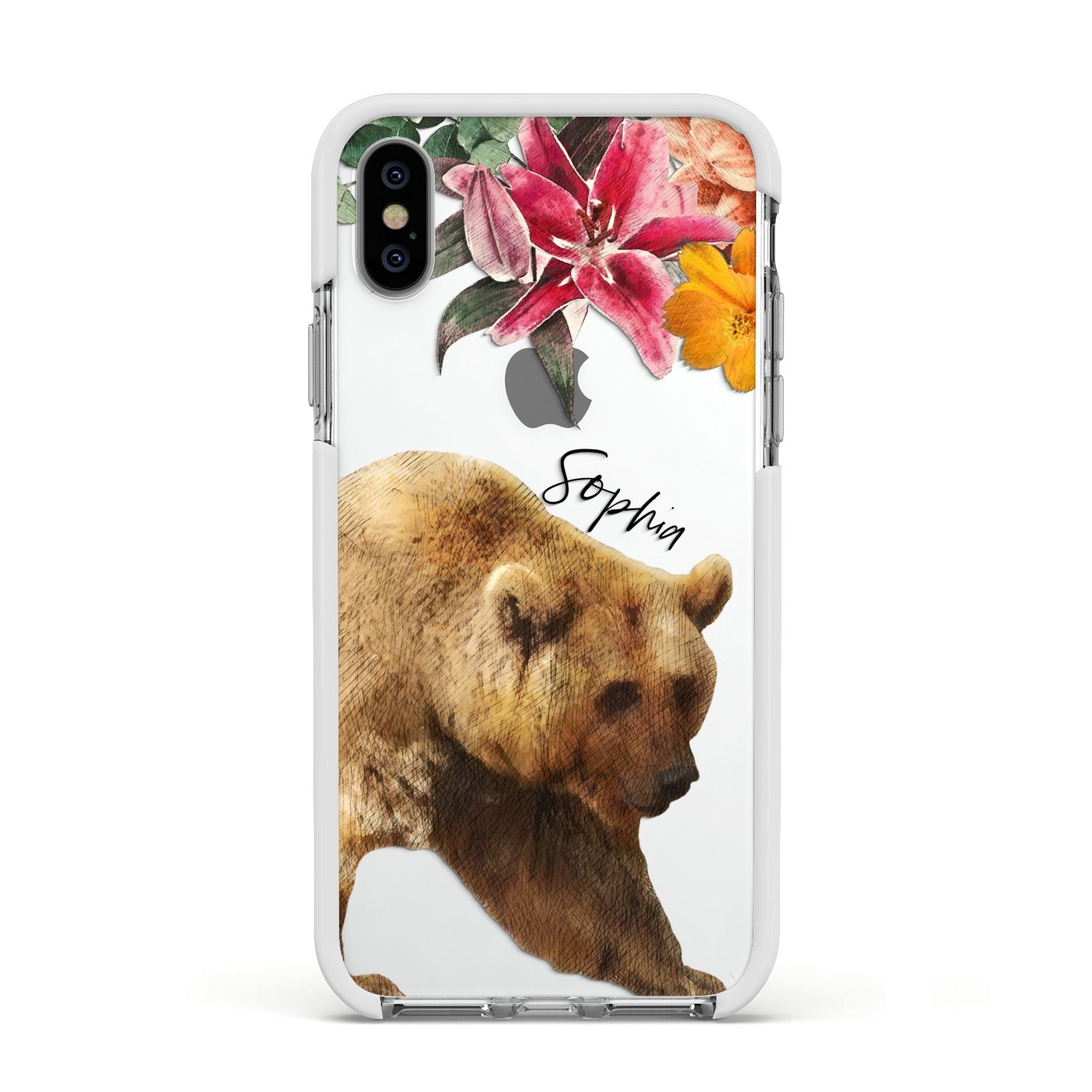 Personalised Bear Apple iPhone Xs Impact Case White Edge on Silver Phone