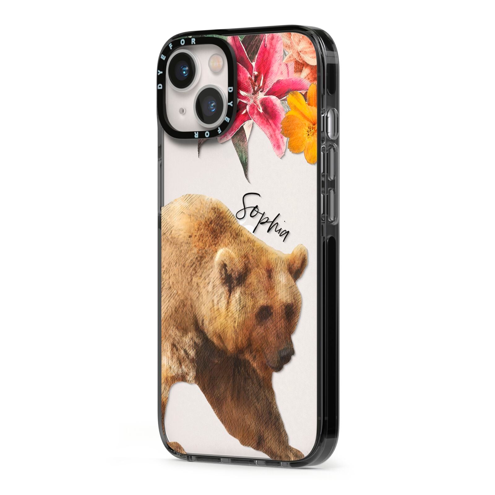 Personalised Bear iPhone 13 Black Impact Case Side Angle on Silver phone