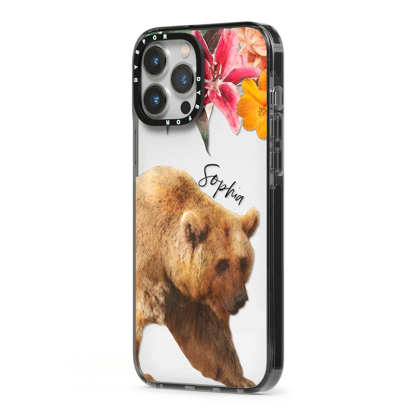 Personalised Bear iPhone 13 Pro Max Black Impact Case Side Angle on Silver phone