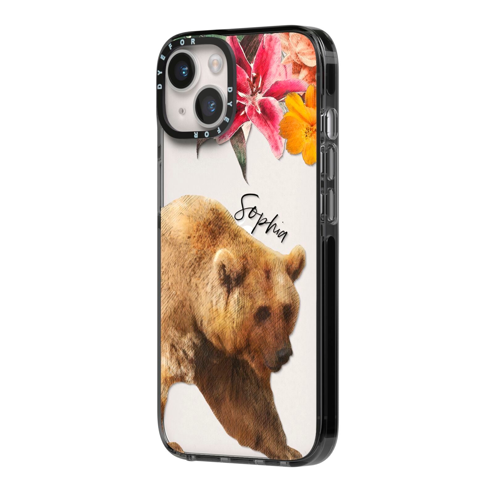 Personalised Bear iPhone 14 Black Impact Case Side Angle on Silver phone