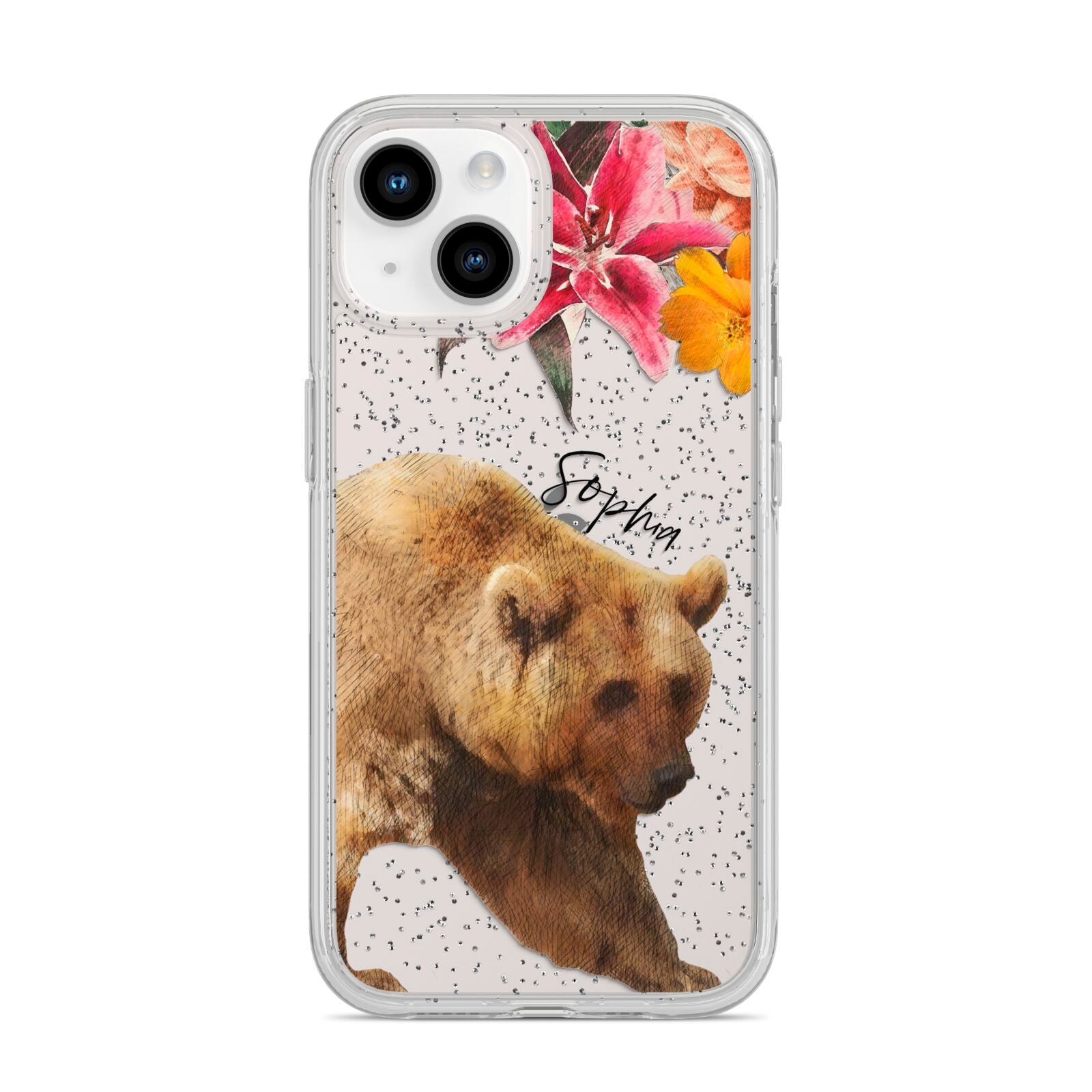 Personalised Bear iPhone 14 Glitter Tough Case Starlight