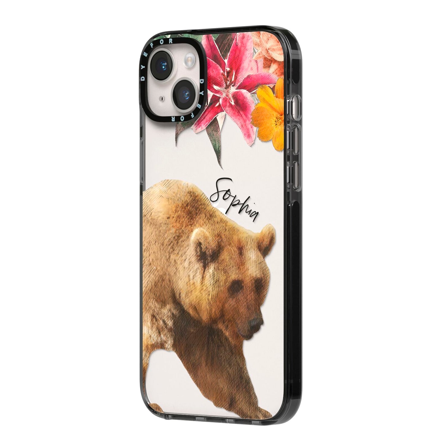Personalised Bear iPhone 14 Plus Black Impact Case Side Angle on Silver phone