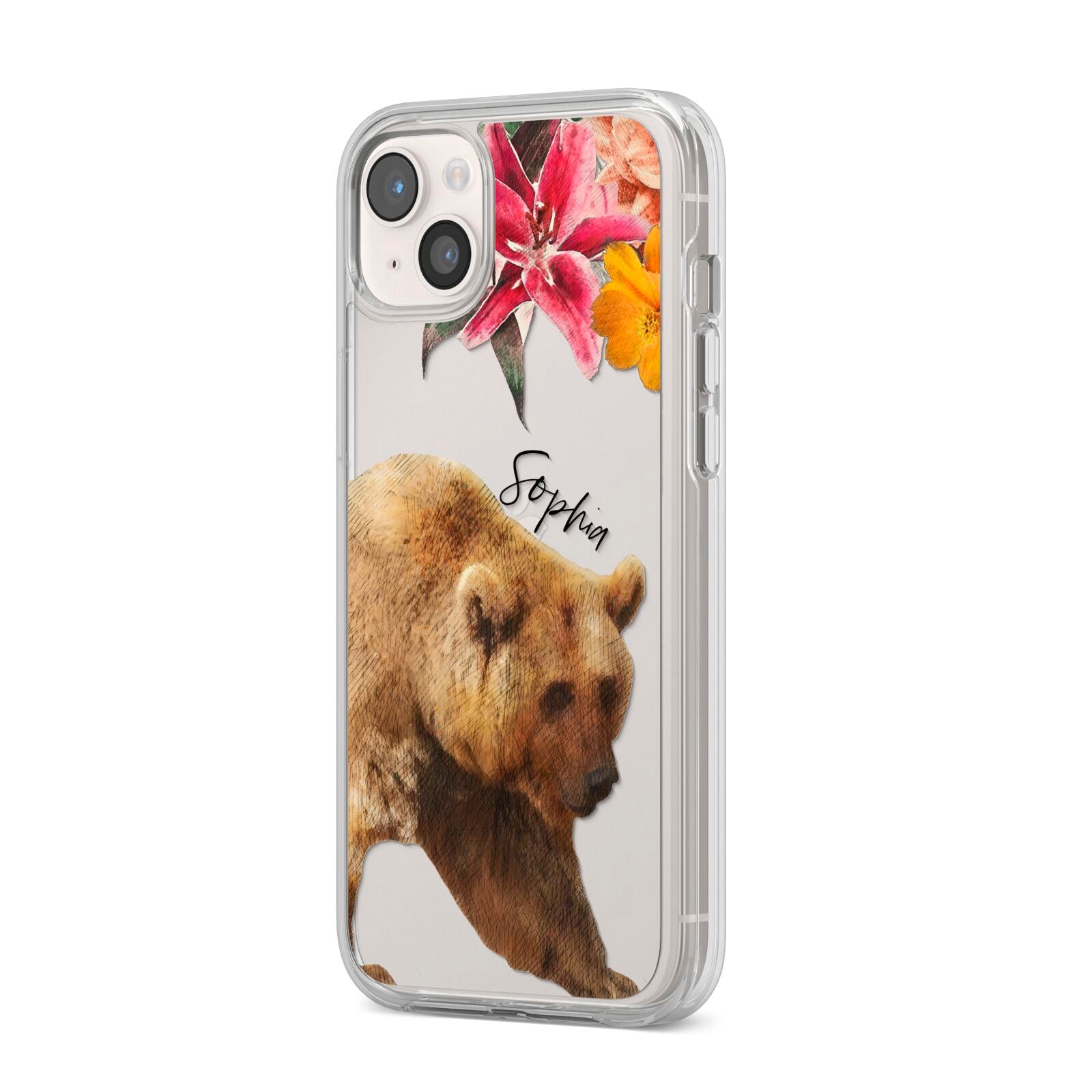 Personalised Bear iPhone 14 Plus Clear Tough Case Starlight Angled Image