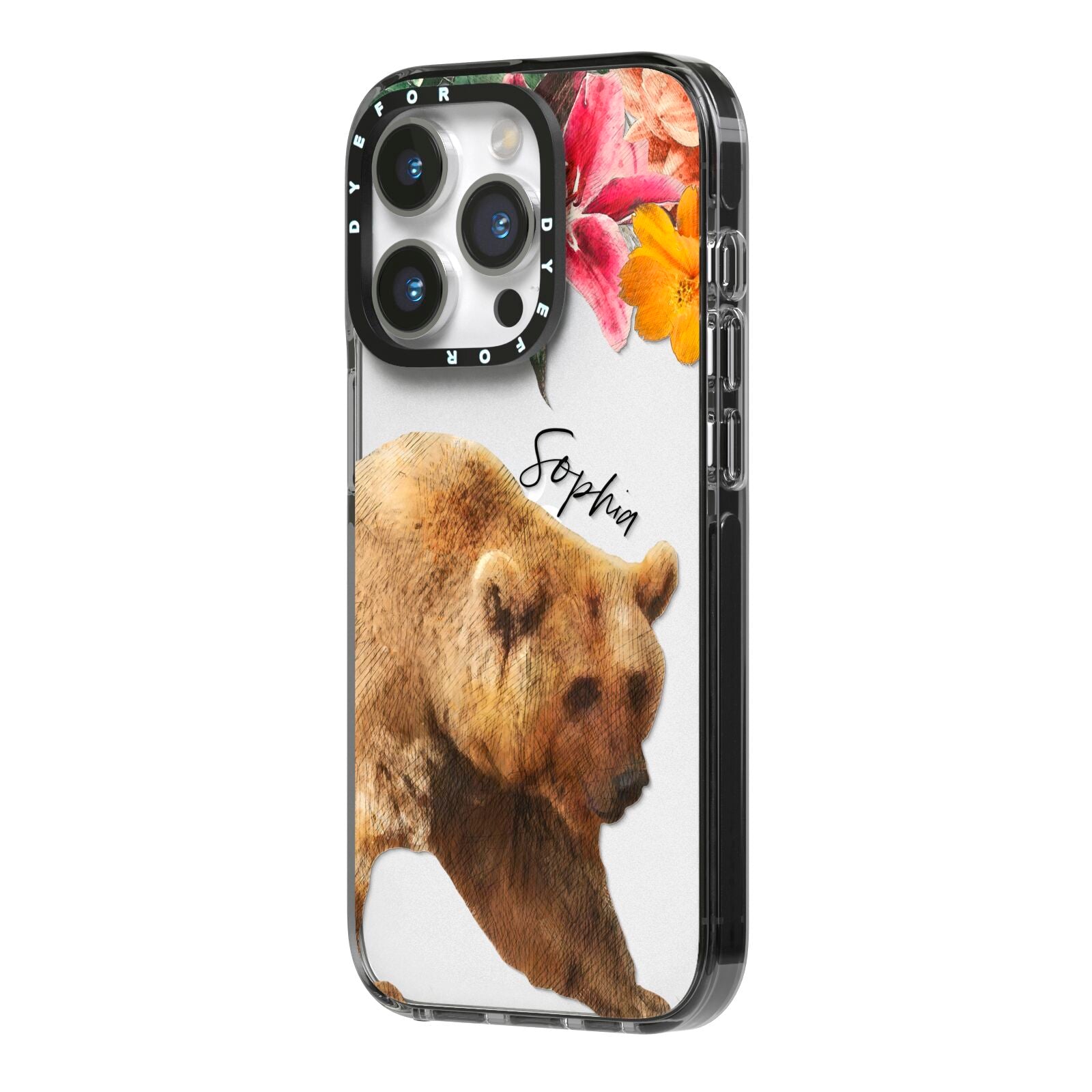 Personalised Bear iPhone 14 Pro Black Impact Case Side Angle on Silver phone