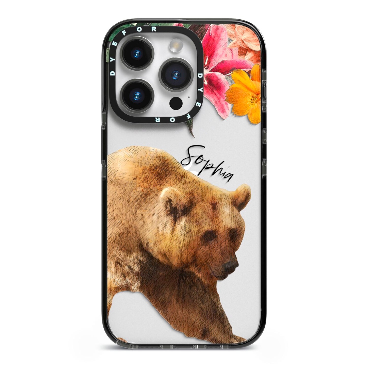 Personalised Bear iPhone 14 Pro Black Impact Case on Silver phone