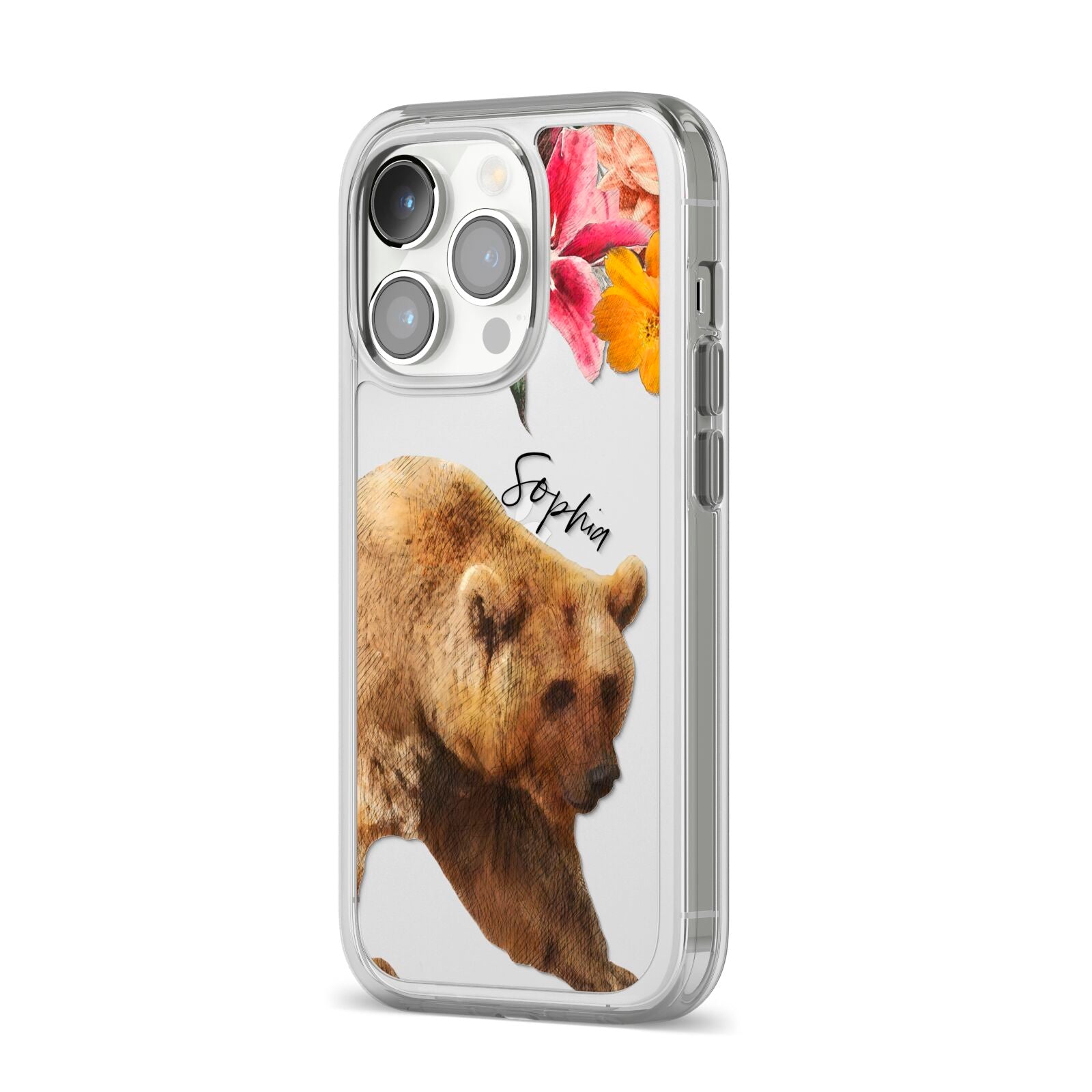 Personalised Bear iPhone 14 Pro Clear Tough Case Silver Angled Image