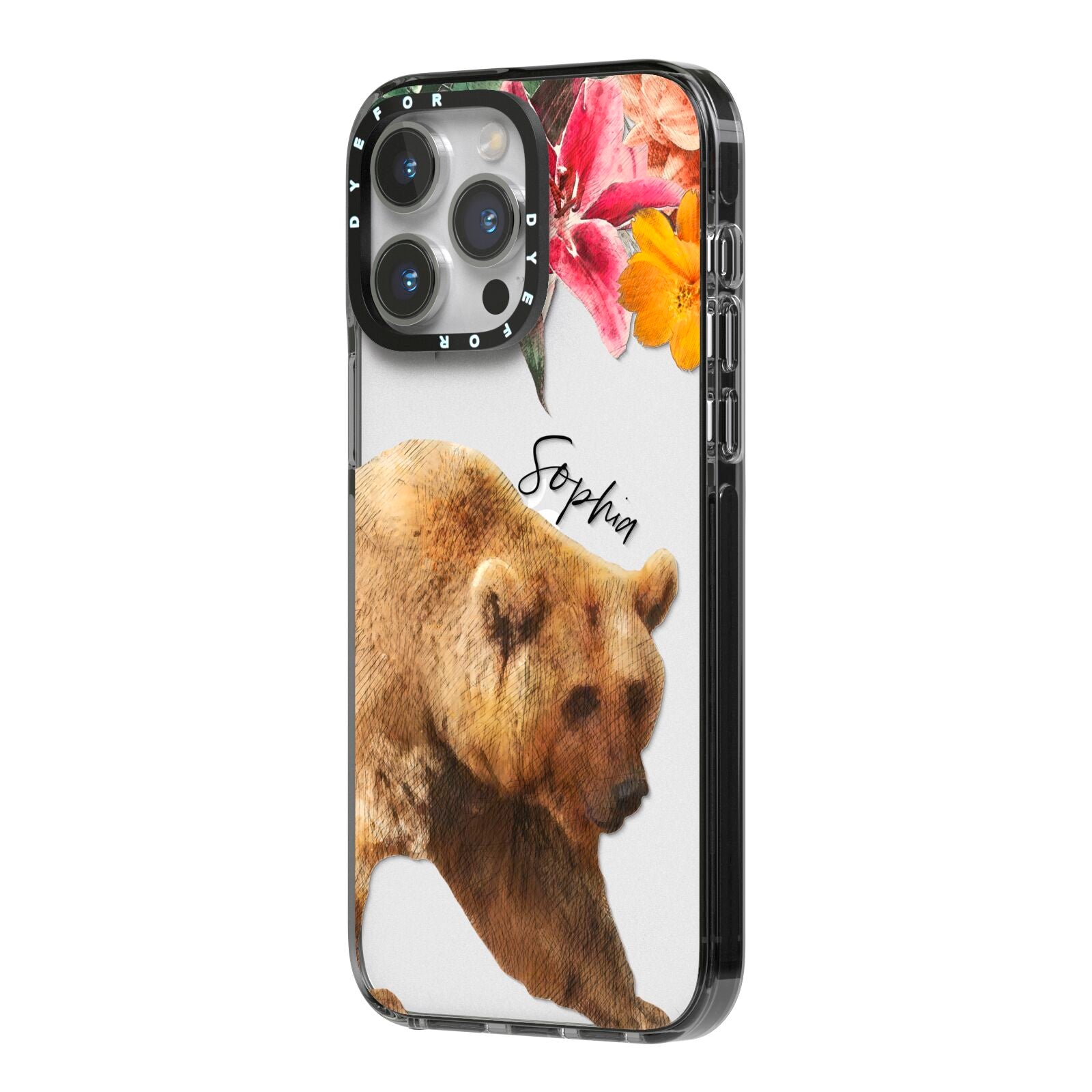 Personalised Bear iPhone 14 Pro Max Black Impact Case Side Angle on Silver phone