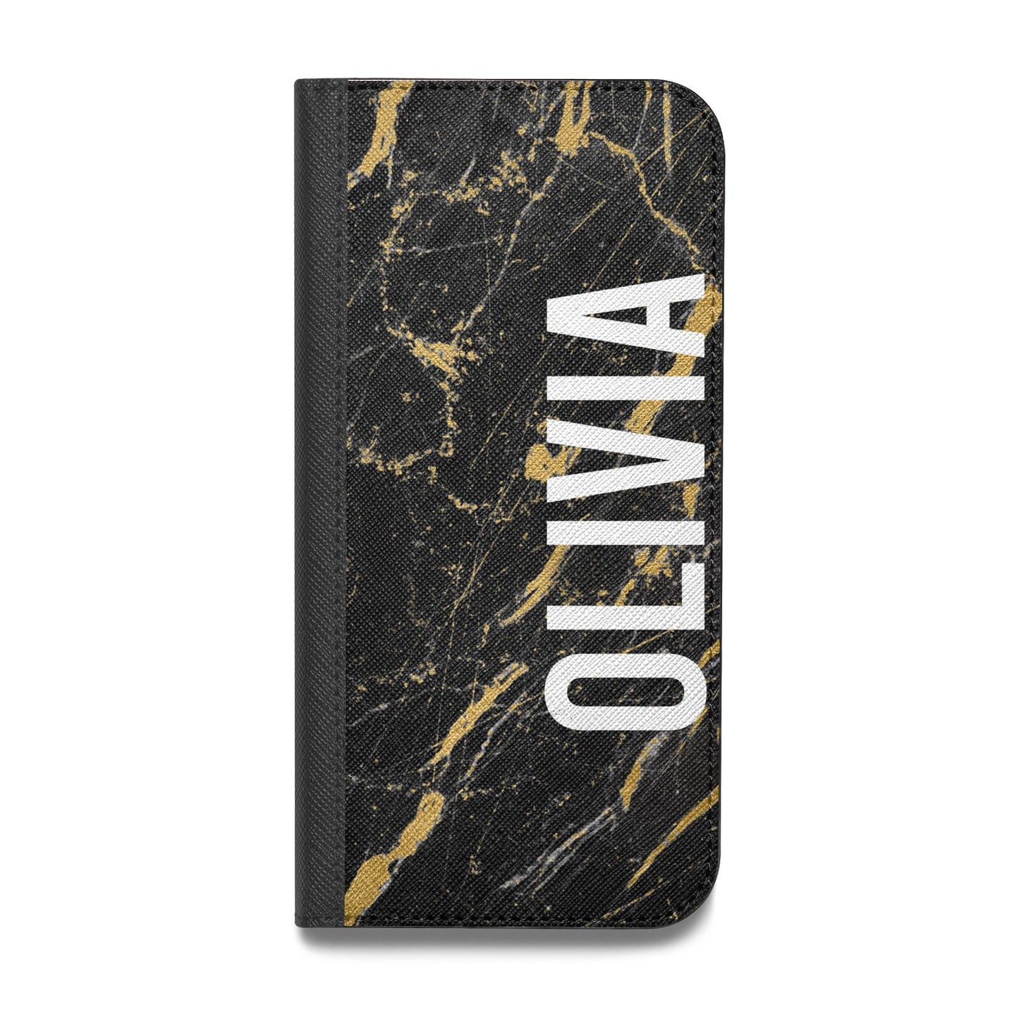 Personalised Black Gold Marble Name Vegan Leather Flip Samsung Case