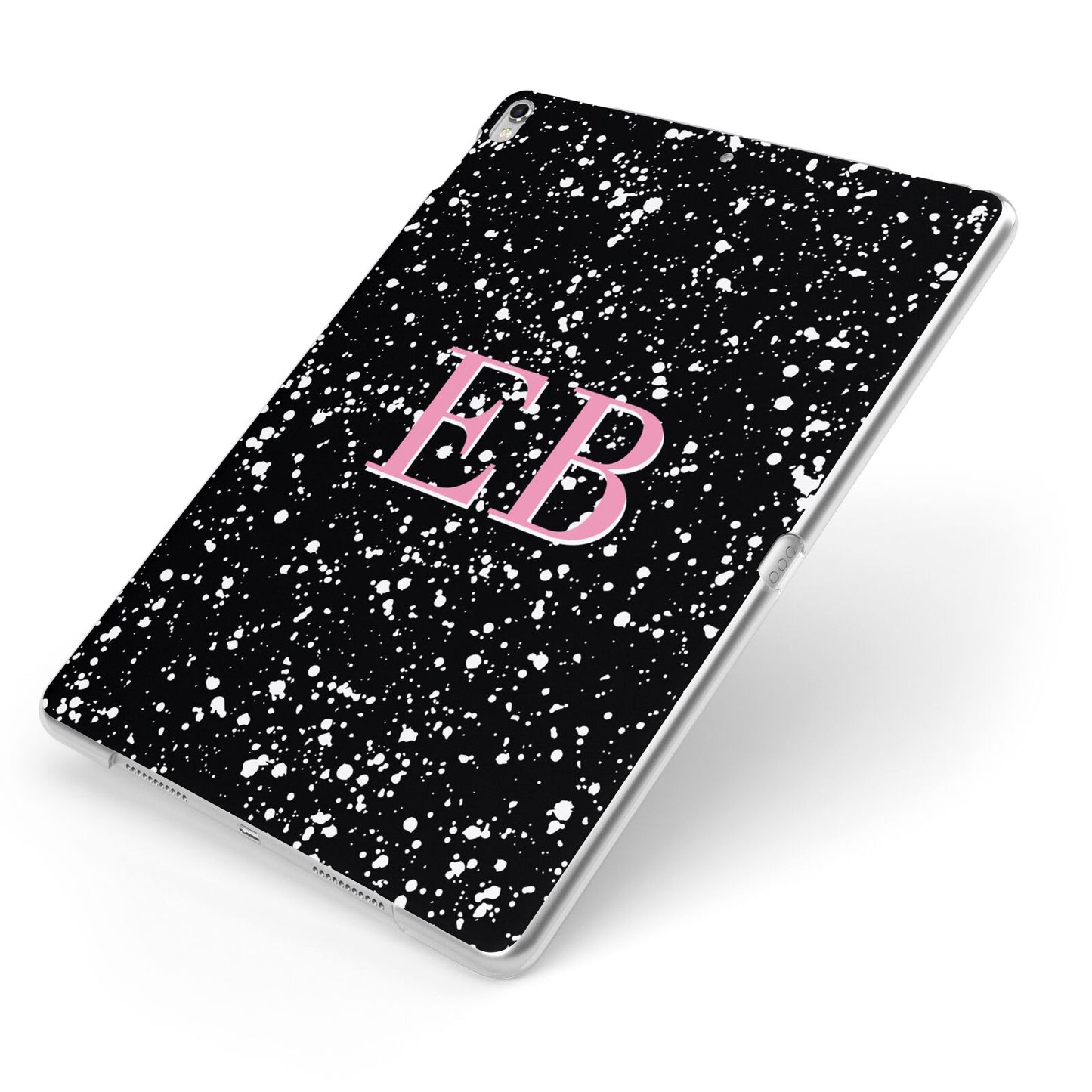 Personalised Black Ink Splat Initials Apple iPad Case on Silver iPad Side View