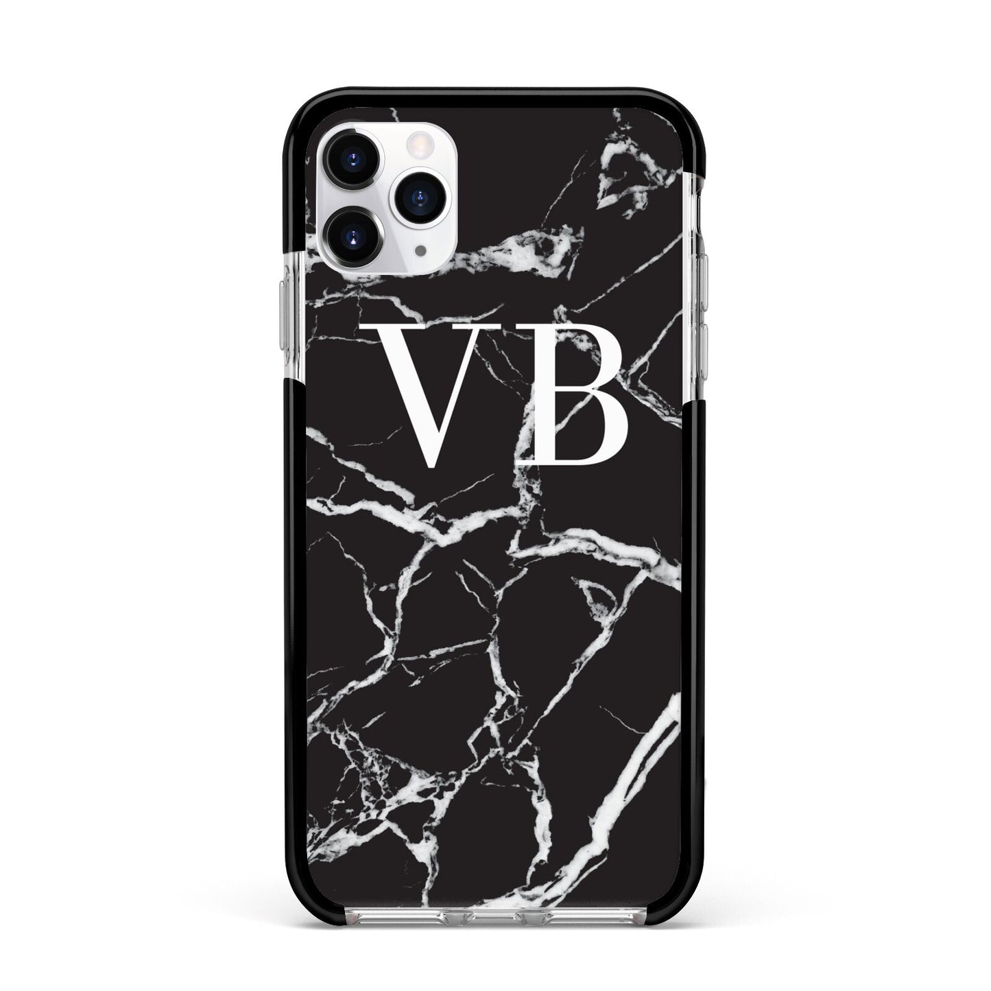 Personalised Black Marble Effect Monogram Apple iPhone 11 Pro Max in Silver with Black Impact Case