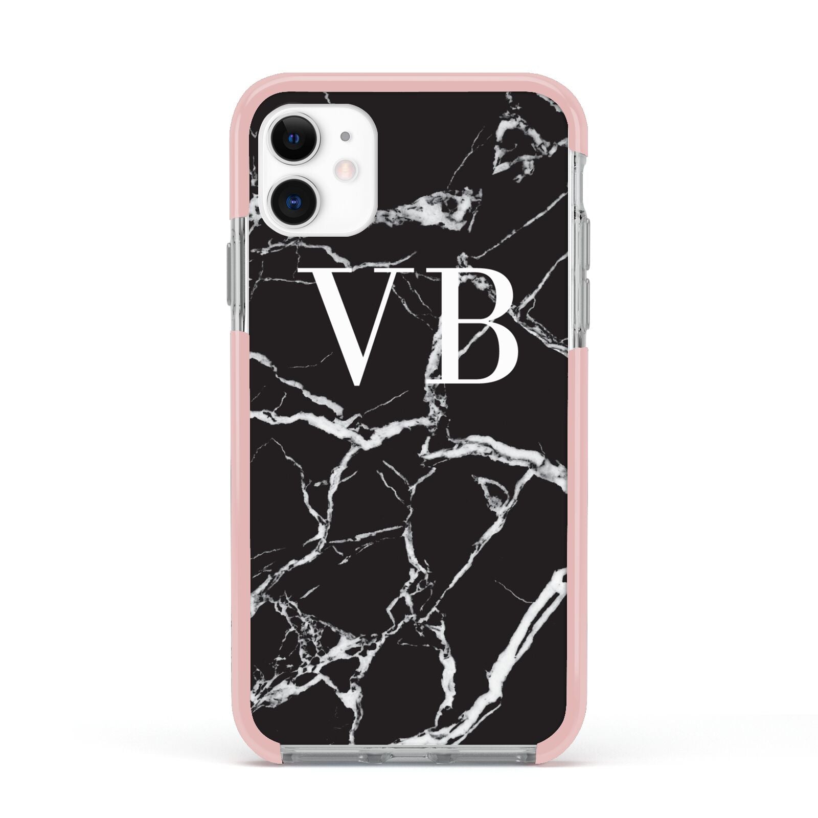 Personalised Black Marble Effect Monogram Apple iPhone 11 in White with Pink Impact Case