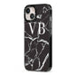 Personalised Black Marble Effect Monogram iPhone 13 Black Impact Case Side Angle on Silver phone