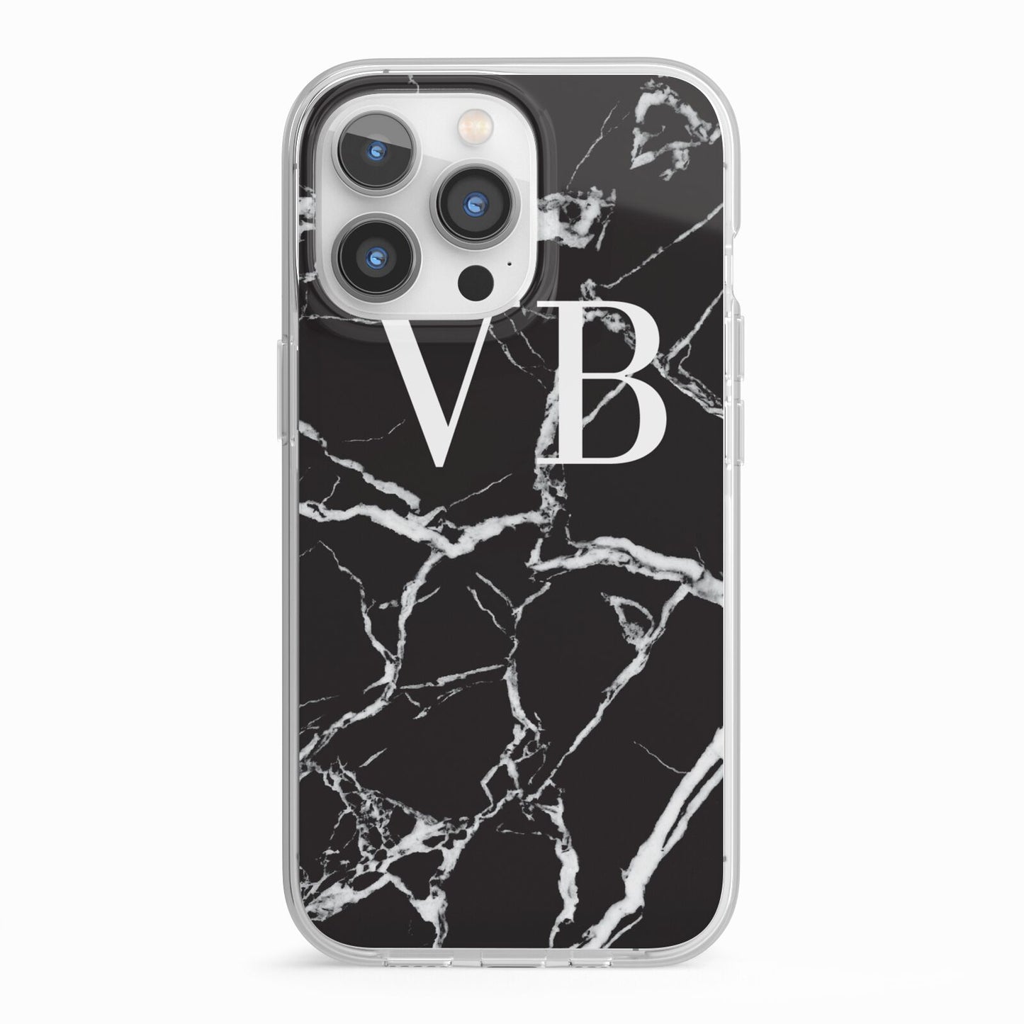 Personalised Black Marble Effect Monogram iPhone 13 Pro TPU Impact Case with White Edges