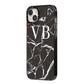 Personalised Black Marble Effect Monogram iPhone 14 Plus Black Impact Case Side Angle on Silver phone