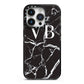 Personalised Black Marble Effect Monogram iPhone 14 Pro Black Impact Case on Silver phone