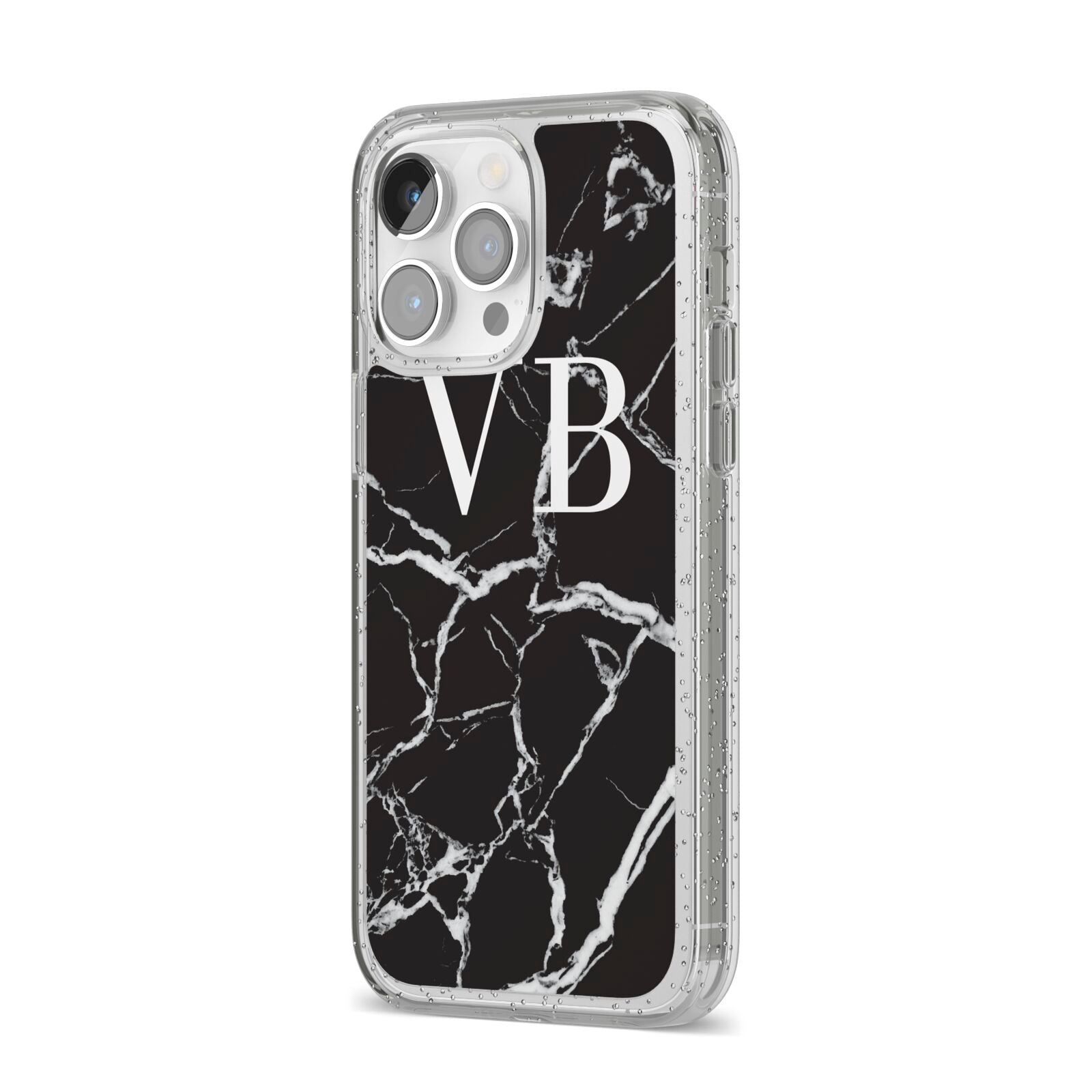 Personalised Black Marble Effect Monogram iPhone 14 Pro Max Glitter Tough Case Silver Angled Image