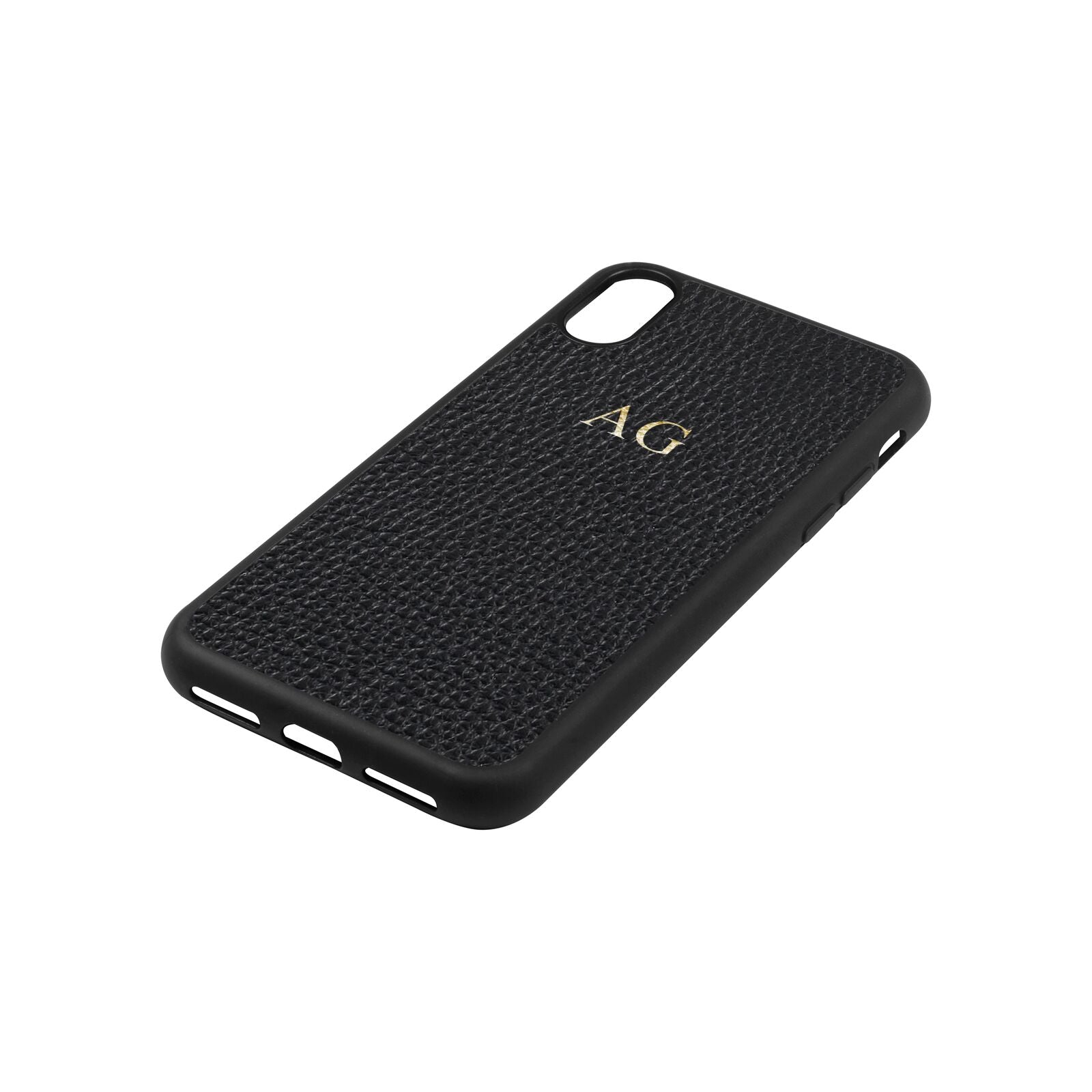 Personalised Black Pebble Leather iPhone Xs Case Side Angle