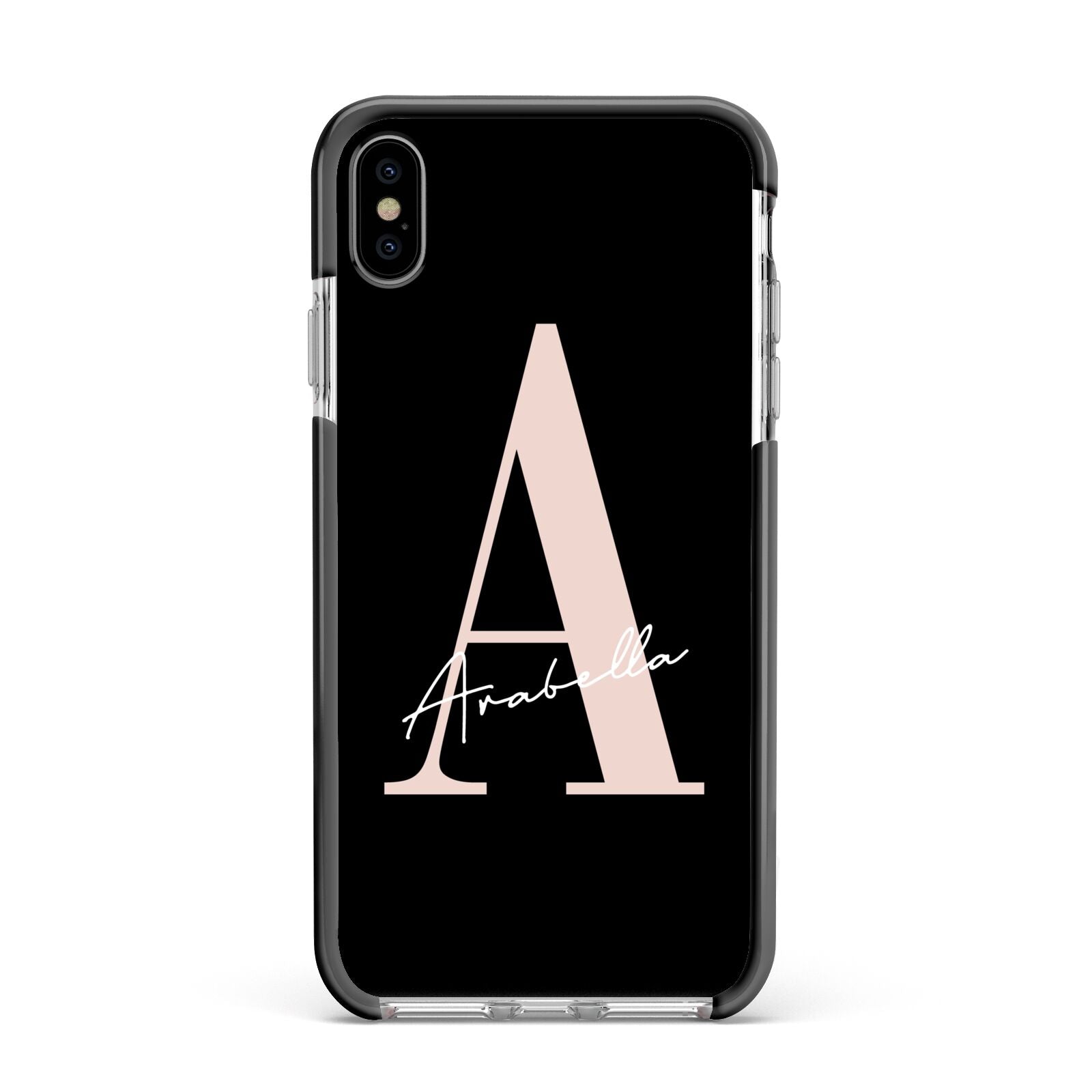 Personalised Black Pink Initial Apple iPhone Xs Max Impact Case Black Edge on Silver Phone