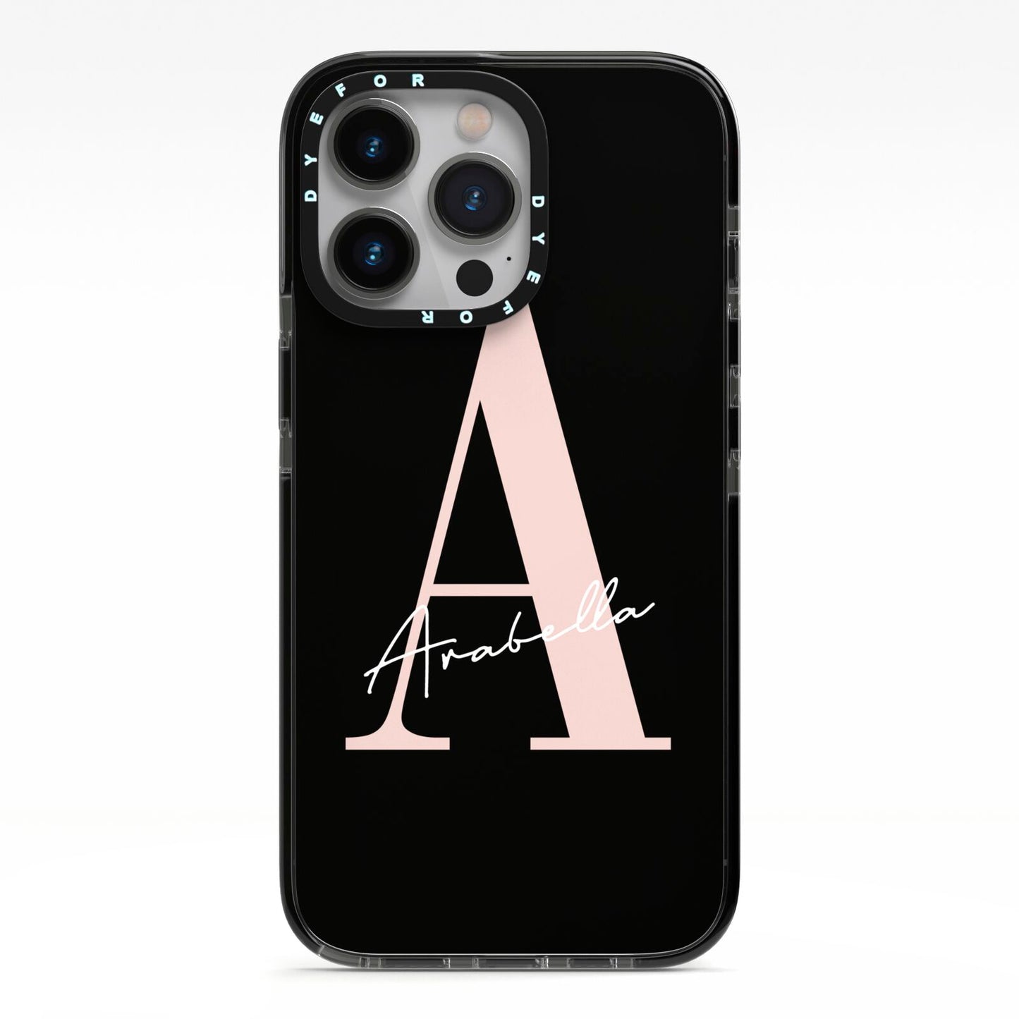 Personalised Black Pink Initial iPhone 13 Pro Black Impact Case on Silver phone
