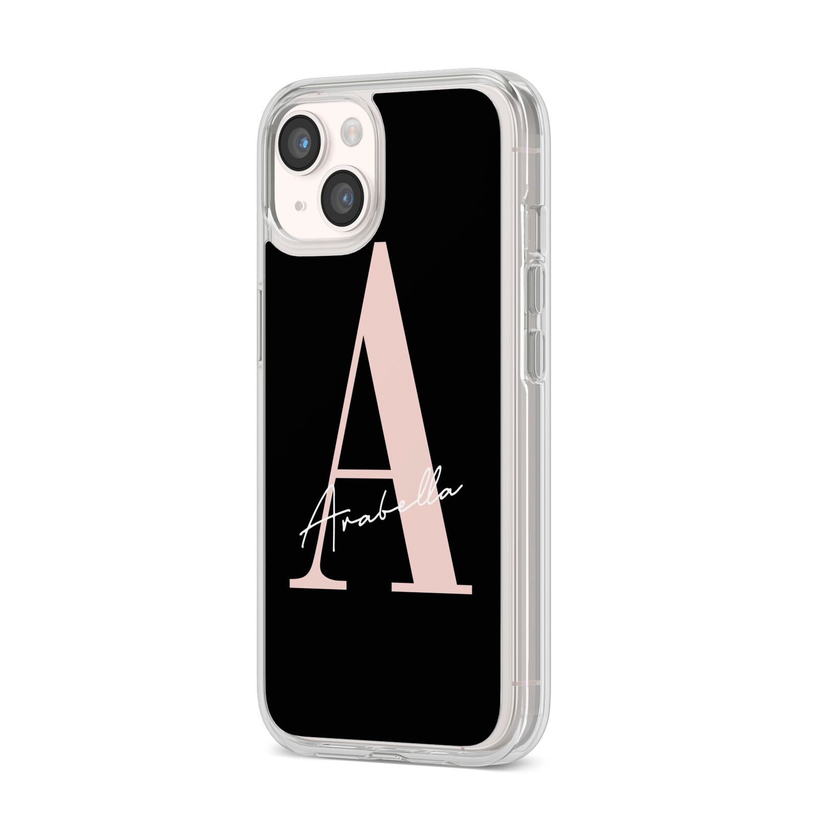 Personalised Black Pink Initial iPhone 14 Clear Tough Case Starlight Angled Image