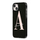 Personalised Black Pink Initial iPhone 14 Plus Black Impact Case Side Angle on Silver phone