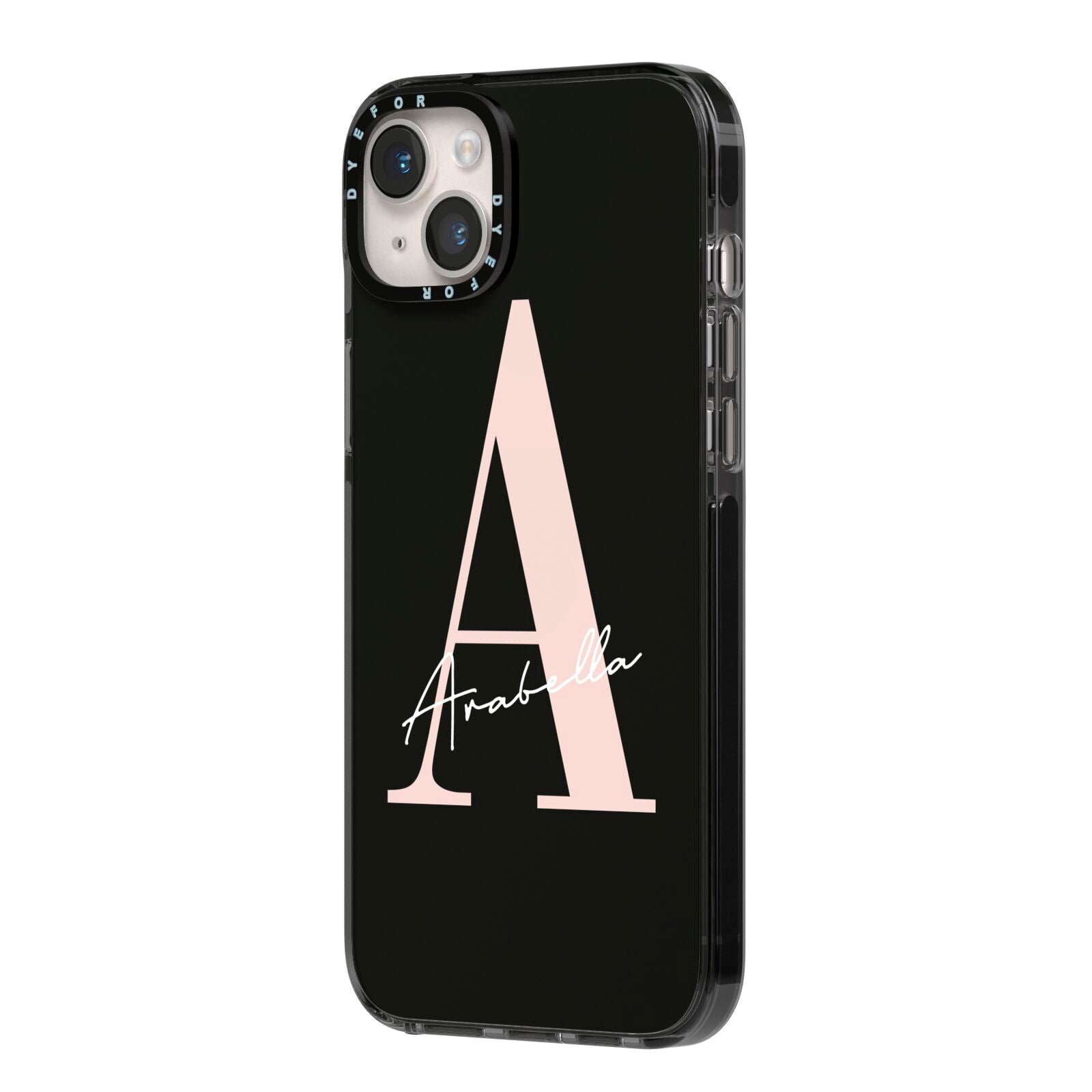 Personalised Black Pink Initial iPhone 14 Plus Black Impact Case Side Angle on Silver phone