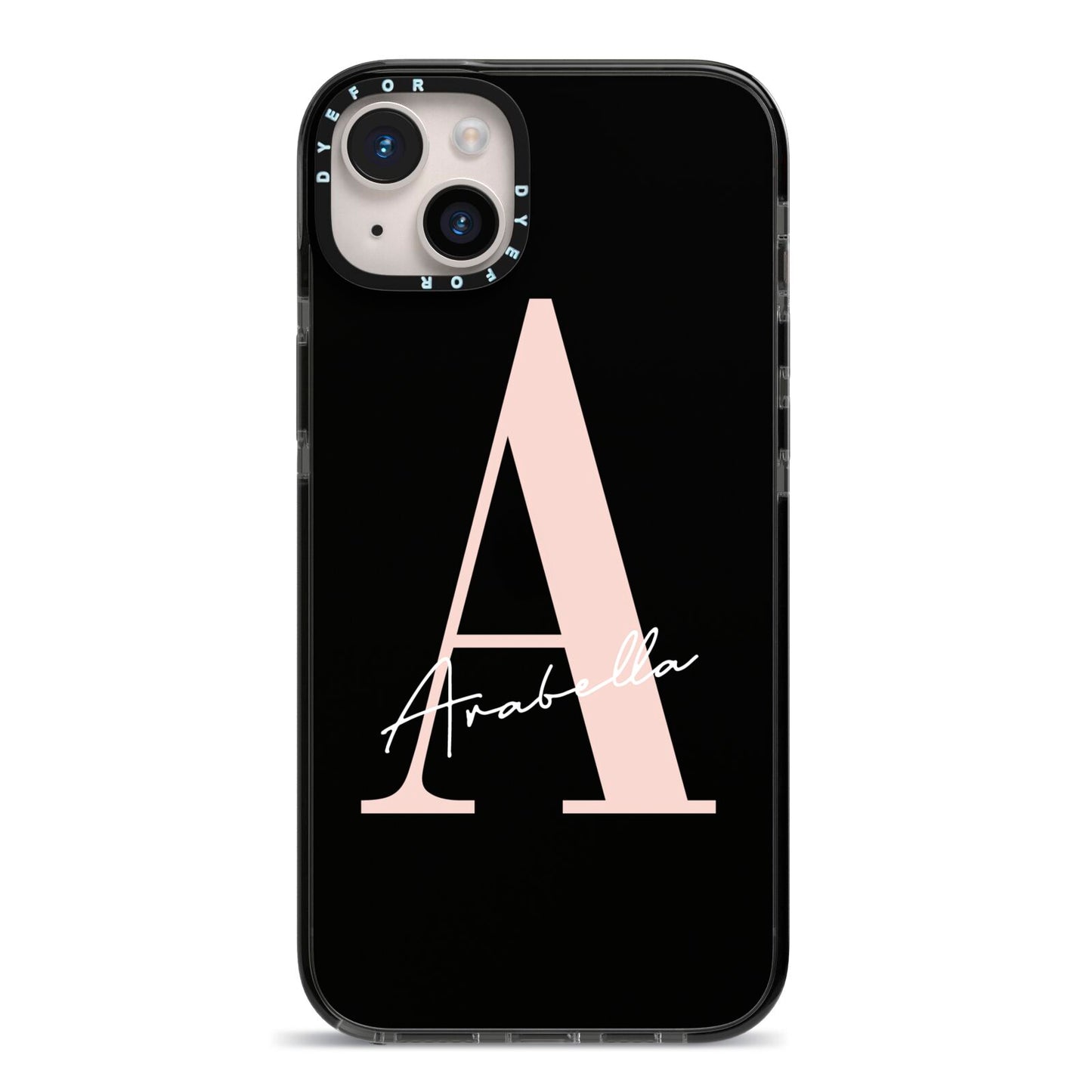 Personalised Black Pink Initial iPhone 14 Plus Black Impact Case on Silver phone