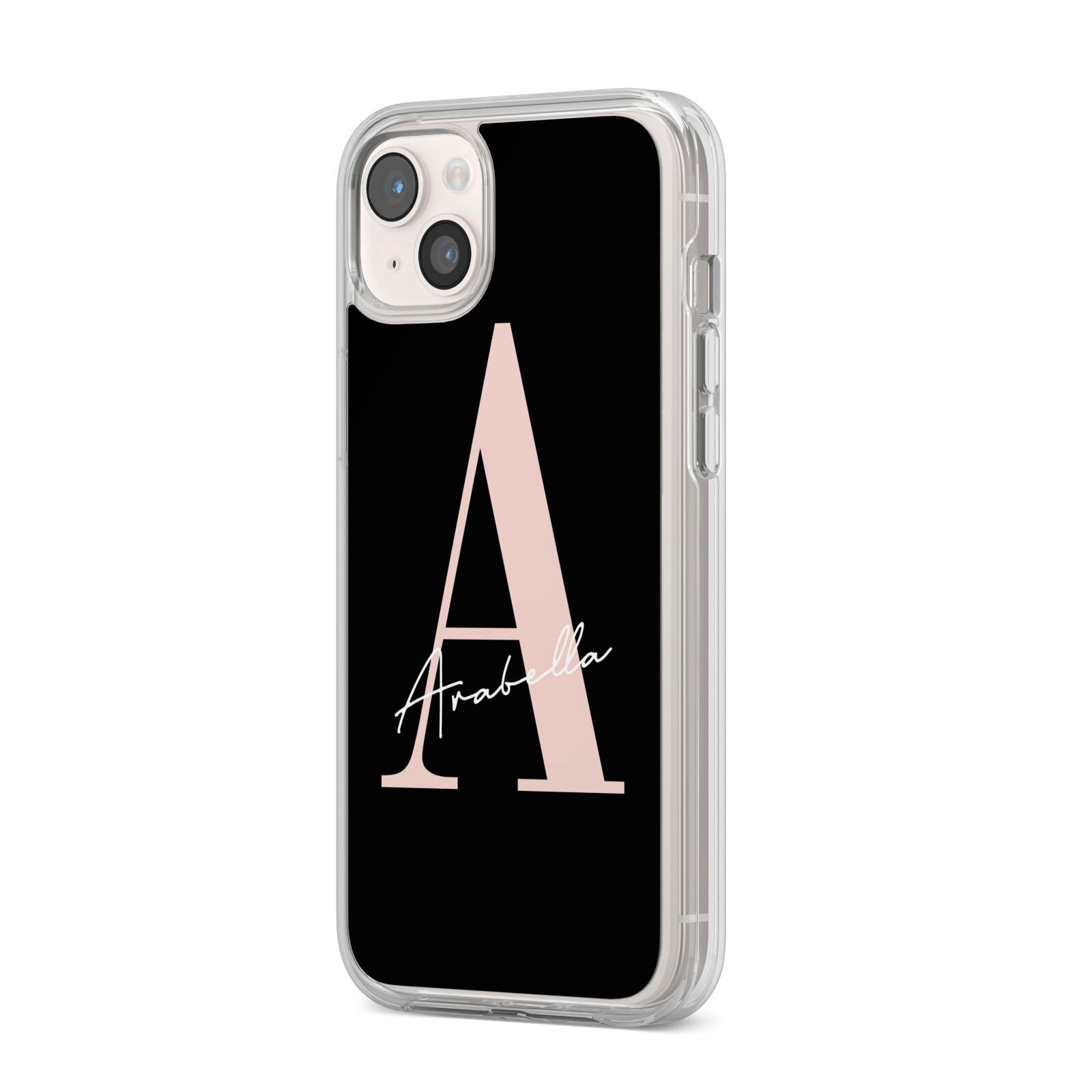 Personalised Black Pink Initial iPhone 14 Plus Clear Tough Case Starlight Angled Image