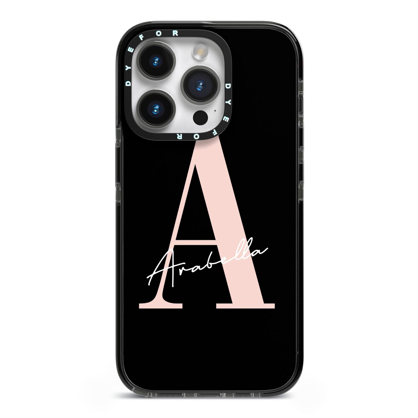 Personalised Black Pink Initial iPhone 14 Pro Black Impact Case on Silver phone