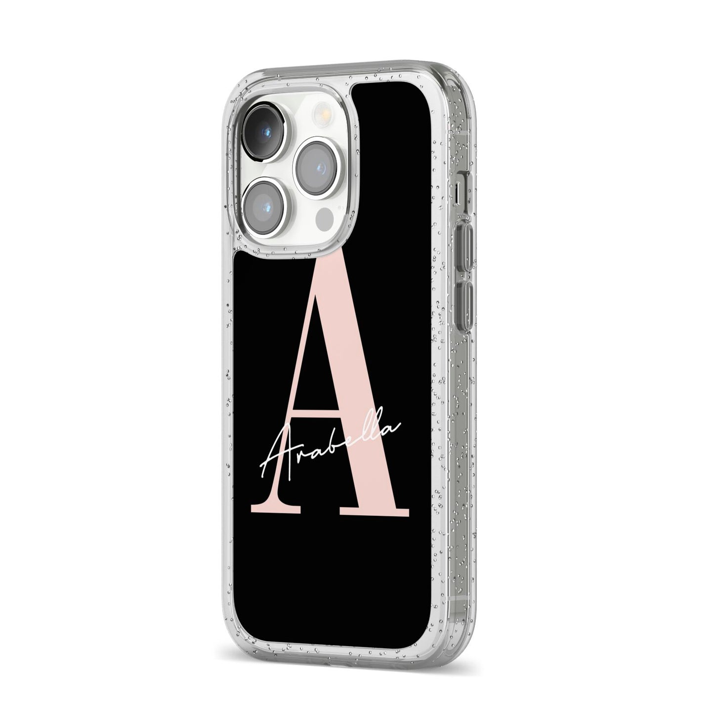 Personalised Black Pink Initial iPhone 14 Pro Glitter Tough Case Silver Angled Image