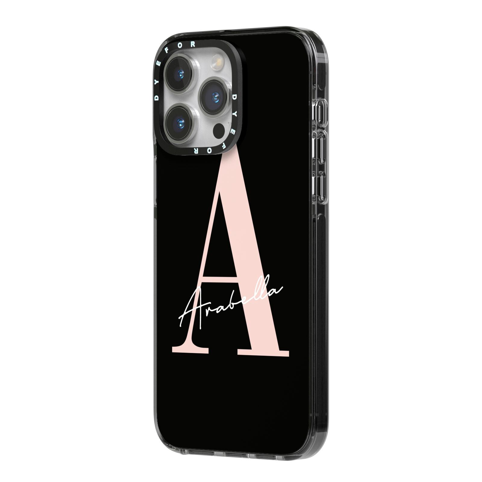 Personalised Black Pink Initial iPhone 14 Pro Max Black Impact Case Side Angle on Silver phone