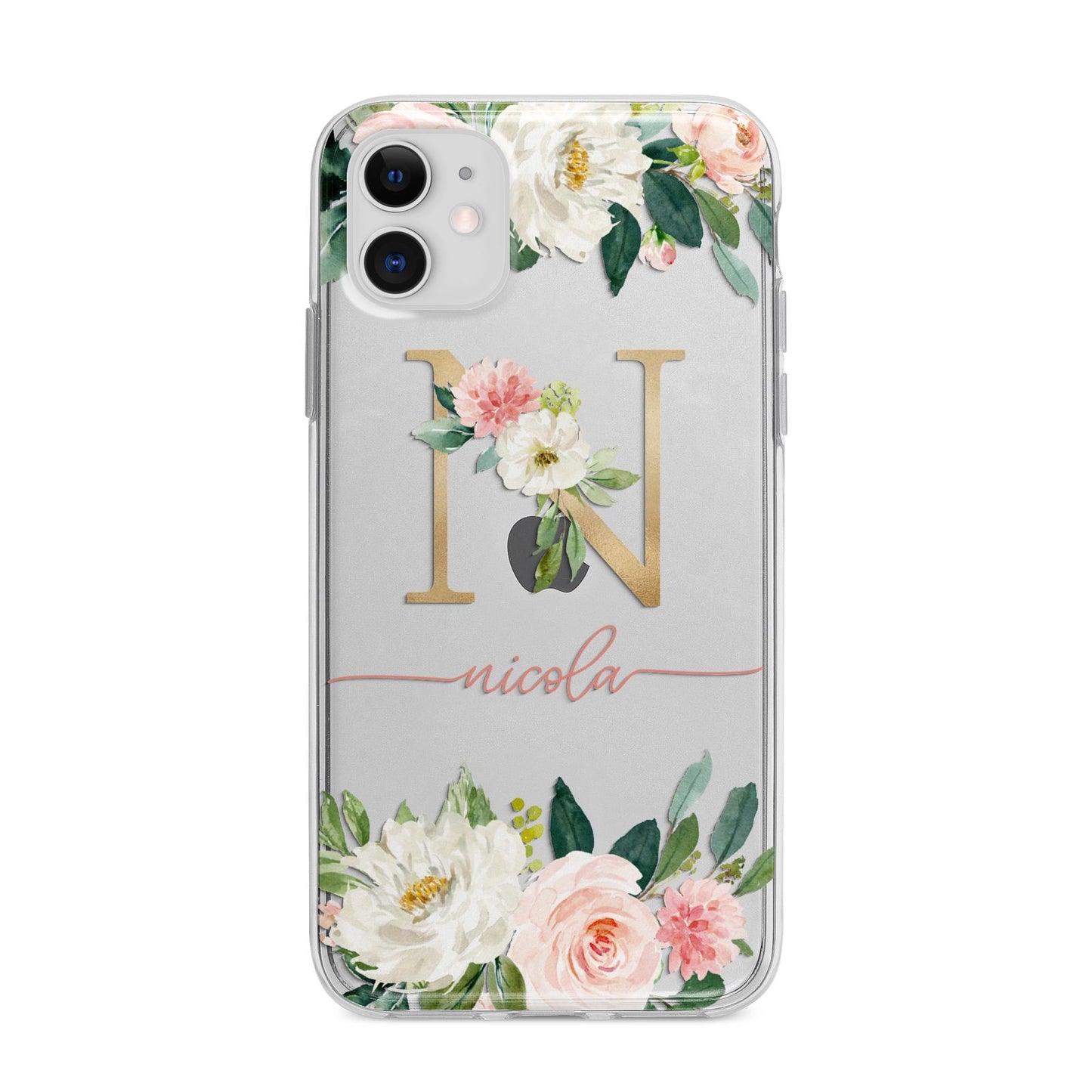 Personalised Blush Floral Monogram Apple iPhone 11 in White with Bumper Case