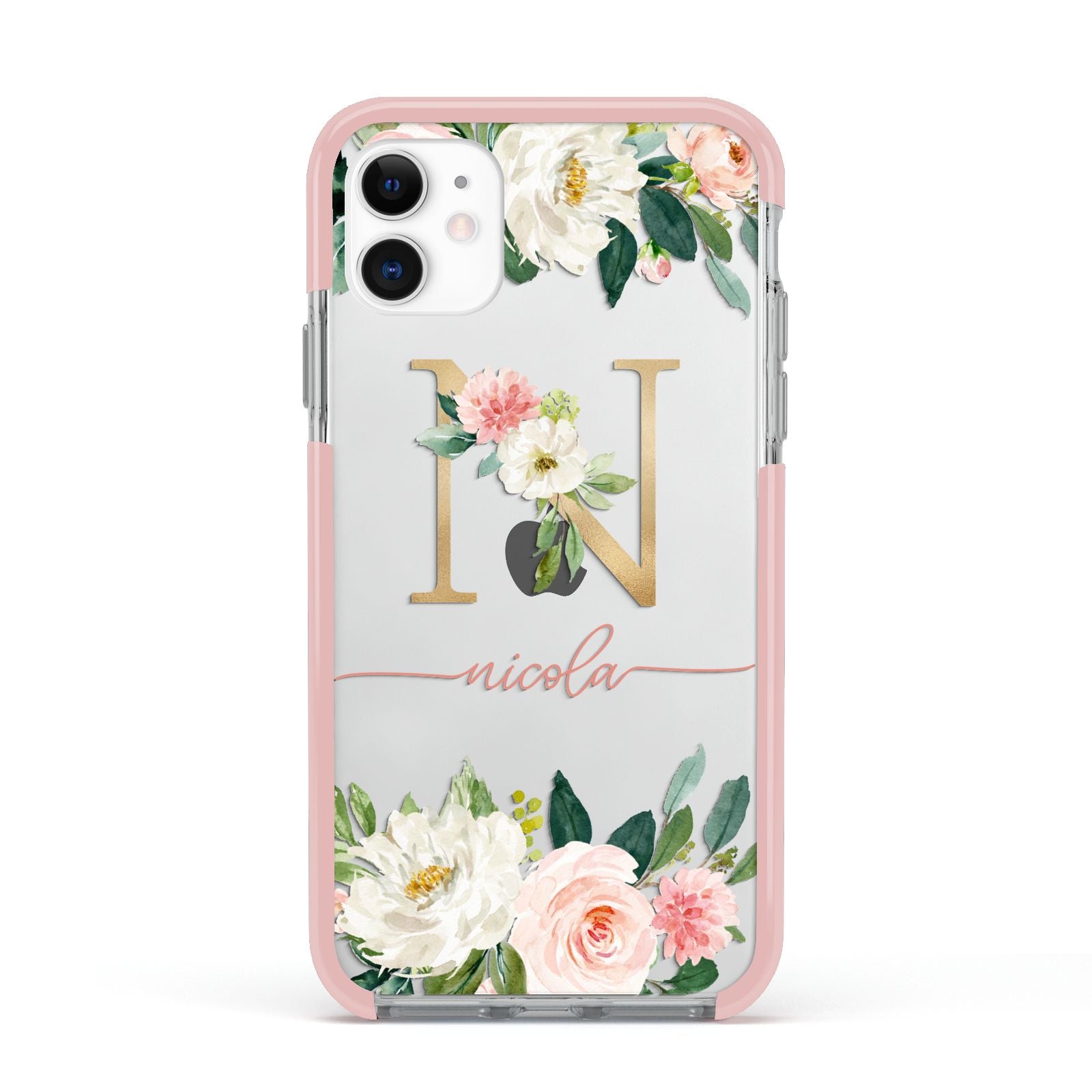 Personalised Blush Floral Monogram Apple iPhone 11 in White with Pink Impact Case