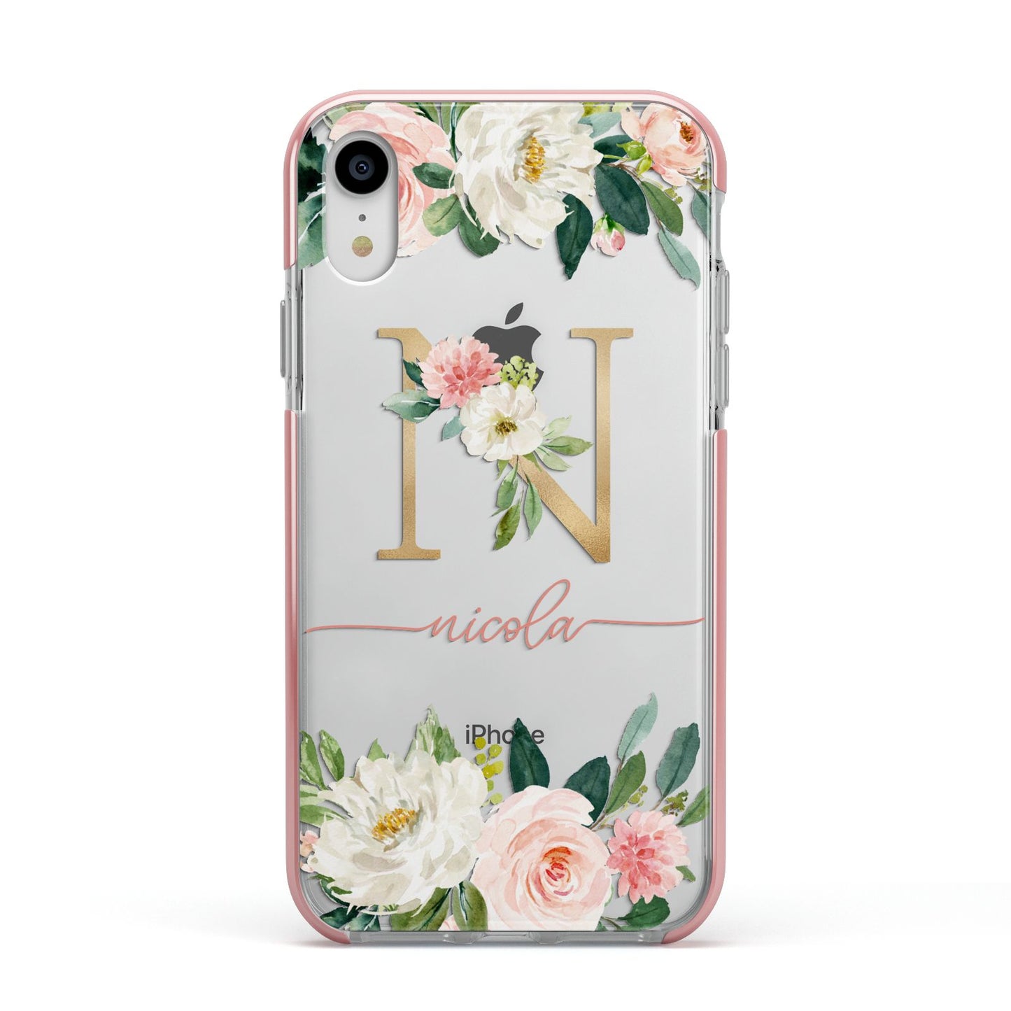 Personalised Blush Floral Monogram Apple iPhone XR Impact Case Pink Edge on Silver Phone